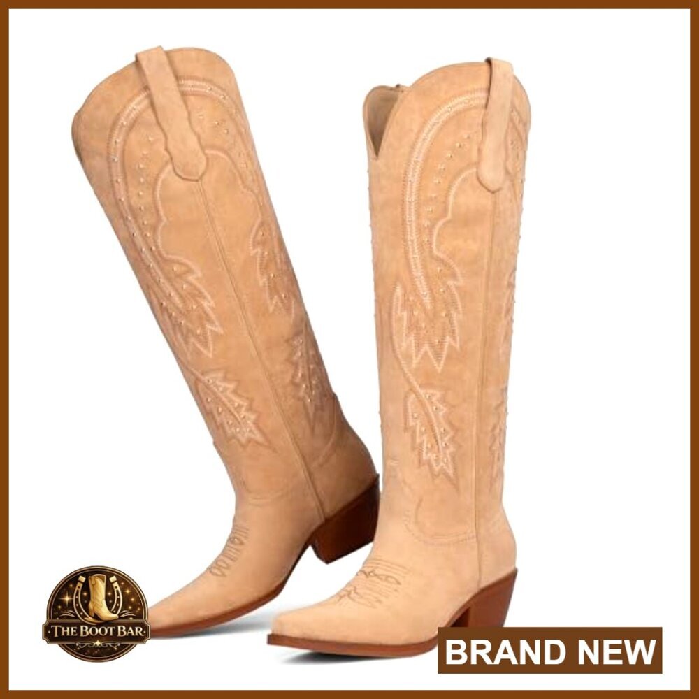 Knee High Rhinestone Cowgirl Boots Pointed Toe Slip on Chunky Heel - Picture 2 of 7